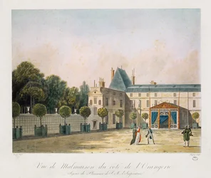 Ansicht von Malmaison von der Orangerie, graviert von Nicolas Chapuy, ca. 1810er Jahre